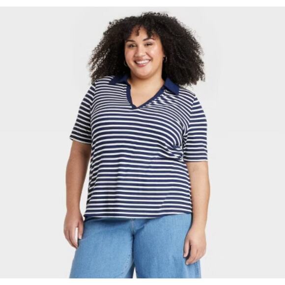 Ava & Viv Tops - Navy and White Ribbed Polo Striped Women's Top NWT Ava & Viv 2X